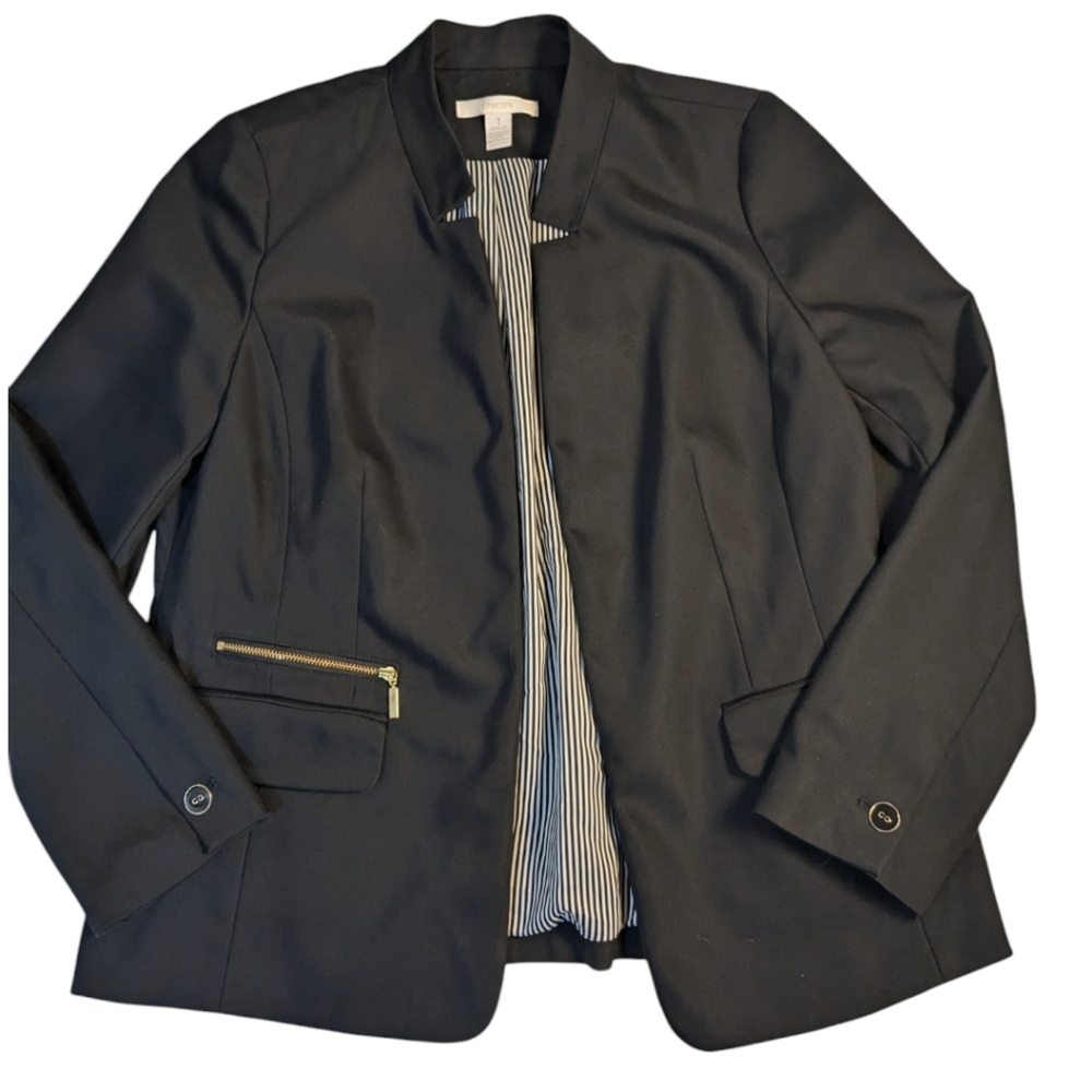 CHICOS Cotton Blend Black Jacket/ Blazer with Goldtone Zipper Accent SZ 1 Small